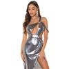 krautwear Abito da donna lucido, maxi abito da sera con spacco, con schiena scoperta, look metallico, taglia unica, argento, 40-42