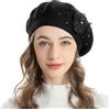 ZLYC Berretto Francese da Donna, Reversibile, Tinta Unita, Mosaico, in Cashmere, Caldo, per Ragazze, Fiore Perlina Nero, Taglia Unica