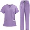 Meichoon Scrubs DK77 - Set di divise mediche con scollo a V, maniche corte, pantaloni con gamba dritta, 8 tasche, coulisse elastica e traspirante, viola., S