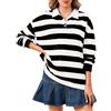 Soamat Polo da Donna Oversize a Righe a Maniche Lunghe con Colletto da Rugby, vestibilità Ampia, Nero, Bianco, S