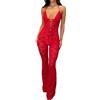 Molilove Tutina da donna in pizzo, elasticizzata, con scollo a V, con coulisse, schiena scoperta, pantaloni svasati, tutina sexy