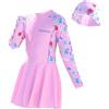 NautySaurs Costume da bagno intero per ragazze, a maniche lunghe, con gonna, per bambini, con cuffia da nuoto