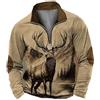 famesale Felpa da Uomo per la Caccia al Cervo Pullover a Manica Lunga con Mezza Zip con Motivi Animali Moda Vintage Distressed Outdoor Street Top