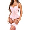 EVELIFE Set di lingerie sexy da donna in pizzo, body con calze, teddy con lacci, babydoll, set di biancheria intima da donna con reggicalze, rosa, S