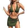 CUPSHE Set di Bikini da Donna, Costume da Bagno a Tre Pezzi, Costume da Bagno con Scollo a V, Textured Halter, Schiena Scoperta, Auto-Allacciatura, Twist Sarong, Vita Bassa, Verde scuro., XL