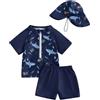Carolilly Costume da bagno da bambino da 3 pezzi, con cerniera stampata a maniche corte + mutandine da bagno + cappello anti-UV (0-5 anni), Blu scuro, 12- 18 Mesi