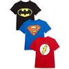 DC Comics Batman, Superman, The Flash, Confezione da 3 Magliette con Logo per Bambini, Nero/Royal/Rosso, 18-20