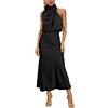 MIRGLER Abito da donna con scollo a collo alto in raso elasticizzato, a vita alta, da invitata a nozze, da sera, da cocktail, da festa, elegante, formale, maxi, Nero, XL