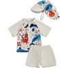 Carolilly Costume da bagno da bambino da 3 pezzi, con cerniera stampata a maniche corte + mutandine da bagno + cappello anti-UV (0-5 anni), cachi., 2-3 anni
