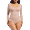 ONEW Body modellante da donna a maniche lunghe girocollo body top controllo pancia modellante vita trainer intimo modellante, Beige, S