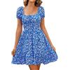 Livonmone Abito estivo da donna, casual, con scollo a cuore, maniche a sbuffo, stampa floreale, a vita alta, stile boho, da spiaggia, mini abiti corti