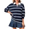 Soamat Felpa Polo da Donna Oversize a Righe a Maniche Lunghe con Colletto da Rugby Pullover Top vestibilità Larga Camicia, Grigio Navy., L