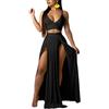 Mintsnow Sexy 2 Pezzi Abiti Abito in Chiffon Cinghia Profondo Scollo A V Reggiseno Crop Top Alta Split Maxi Abiti Gonna Set - Nero - XS