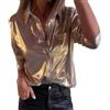 CupitiDU Camicie da donna con bottoni metallici lucidi, elegante e casual, a maniche lunghe, scintillanti, alla moda, per autunno e primavera, in raso di seta (oro, L)