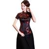 Walbest Camicia da donna cinese con maniche corte, colletto dritto, stampa drago e fenice, blusa etnica per festa estiva, Nero e rosso, Large