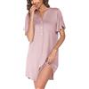 Wikoan Camicia da Notte Donna,Corto Vestito da Notte a Manica con Bottoni,Notte Donna con Tasche,Rosa,L
