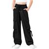 JiAmy Pantaloni cargo larghi da ragazza, con fiocco, vita elasticizzata, traspiranti, regolabili, estivi, per il tempo libero, con grandi tasche, per 7-14 anni, Nero , 7-8 Anni