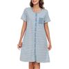 Lovasy Camicia da Notte in Cotone Donna Camicia da Notte Manica Corta a Righe Scollo a V Sexy Sottoveste Curvy con Bottoni Davanti Abito da Notte Estiva con Tasche A Blu Chiaro XXL