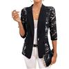 Generisch Giacca Donna Elegante Rever Manica 3/4 Capospalla Colore Solido Patchwork Abbottonata Pizzo Trasparente Blazer
