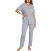Lovasy Pigiama Donna Estivo Set Cotone Camicia con Bottoni Comodo Pantaloni Lunghi Manica Corta Aperto Davanti Lungo,Grigio Floreale Chiaro,XL