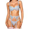 RSLOVE Set di lingerie da donna, sexy, reggiseno con ferretto e mutandine, 3 pezzi, con reggicalze, Azzurro, XXL