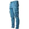 Generisch Jeans da uomo, slim fit, pantaloni cargo lavati, jeans cargo con tasche laterali, stile cowboy streetwear, pantaloni in denim a vita alta, con fibbia, jeans da uomo, Blu, M