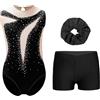 Oyolan - Body da ginnastica per bambine, con strass, con pantaloncini, per danza, pattinaggio, allenamento, performance, spettacoli, 5-16 anni, B Nero, 7-8 Anni