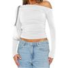 OOHOKAY Maglia a maniche lunghe da donna con spalle scoperte, classica, basic Tshirt Crop Tops Y2K Slim Fit Top Casual Shoulder Streetwear, Bianco-j., M
