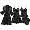 QraraZL Donna 4 Pezzi Set Pigiama in Raso Pizzo Kimono Vestaglia Pigiama Set Sexy Negligee e Pantaloncini Camicia da Notte 4 Pezzi, con Imbottitura Petto Nero S