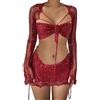 ORANDESIGNE Gonna Set in Maglia di Donne in Paillettes 2 Pezzi Scintillanti Scava Fuori Manica Lunga Crop Top Mini Gonna Abiti Sexy Y2K A Rosso L