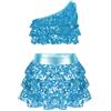 CHICTRY Abito da Ballo Danza Moterna Bambina Monospalla Top con Paillettes Lucido Gonna con Volant Tuta da Ginnastica Costumi da Latino Jazz Salsa Performance Cielo Blu 5-6 Anni