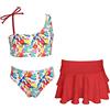SHEKINI Costume da Bagno per Ragazze in 3 Pezzi Regolabile Monospalla Bikini Set con Gonna Estivo Halter Stampa Costume Belle Ragazze Due Pezzi per 6-14 Anni(6-8 Anni,Rosso)