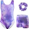 XiaoMoSha Set di body da ginnastica da bambina, 3 pezzi, senza maniche, con pantaloncini e fascia per capelli, colore sfumato scintillante, per danza classica, ginnastica, per bambini dai 3 ai 12