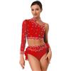 Mufeng Vestito Danza Classica Lirica Contemporanea Donna Monospalla Crop Top da Balletto con Gonna Strass Abito da Pattinaggio Artistica Costume Samba Salsa A Rosso S