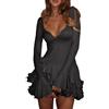 Generico Vestito Donna Manica a Campana - Vestiti Donna Tinte Unite Scollo a V, Abiti Corto Unico Vintage - Dress for Women Slim Fit Moda Adatto per La Primavera Nero L