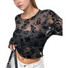 EMOTTOS Top da Donna in Pizzo Stampato, Top Corto Sexy Y2K con Scollo Rotondo in Rete, Maglietta a Maniche Lunghe Trasparente, Abbigliamento Estivo Slim Fit da Donna, Nero, Taglie S-L