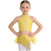 Freebily Abito da Ballo Latino Americano Tango Bambina con Nappe Frange Completo da Pattinaggio Artistico Crop Top + Gonna con Strass e Piume Costume Danza Samba Salsa Giallo 13-14 Anni