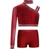 Freebily Tuta da Ginnastica Artistica Bambina Crop Top Danza Moderna Monospalla Maglia con Strass Felpa + Pantaloncini Shorts Completi Hip Hop Pattinaggio Ballo di Strada Borgogna 11-12 anni