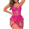 Aranmei Body sexy da donna con minigonna in pizzo, babydoll, set di biancheria intima, body con calza a rete per San Valentino, Rosso rosato, M