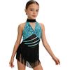 Choomomo Vestito Latino Americano Bambina Ragazze Abito da Ballo con Paillettes a Frange Body da Ginnastica Artistica Tuta Danza Pattinaggio Dancewear Azzurro A 11-12 Anni