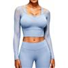 STARBILD Maglietta a Maniche Lunghe in Rete da Donna con Reggiseno Incorporato, Top Sportiva da Yoga Effetto Due Pezzi, Crop Tops Y2K Leggera Traspirante Aderente, Blu L