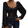 AIEOE Body da donna in pizzo con scollo quadrato e maniche a palloncino, elegante a maniche lunghe, con chiusura a strappo, sexy, trasparente, per feste, clubwear nero, bianco, S-XL