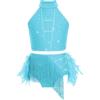 Mufeng Completo Danza Classica Moderna Bambina Halter Crop Top da Ballo Jazz Hip Hop Canotta con Paillettes + Piume Gonna Abito da Pattinaggio Artistico Blu Verde A 5-6 Anni