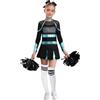TiaoBug Bambina Costume da Cheer-Leader Manica Lunga Vestito Cheerleading con Pompon Uniforme da Cheer-Leader Ginnastica Leotards con Strass Lucidi Costume Carnevale Blu Verde B 7-8 Anni