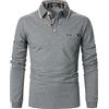 AIOIDI Polo Uomo Manica Lunga Slim Fit Cotone Strisce Plaid T Shirt con Tasche，Grigio 1，XXL