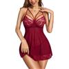 RSLOVE Babydoll sexy in pizzo, da donna, sottoveste con perizoma, 2 pezzi, biancheria da notte da donna, mini abito da notte sexy, Rosso vinaccia, S