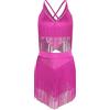Agoky 2 Pezzi Abito da Ballo Latino per Donna Top Senza Maniche con Strass e Gonna con Nappe Vestito Danza Moderna Standard Abito da Ballo Salsa Cha Cha Rosa Caldo S