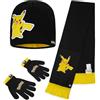 Pokémon Set Invernale Bambino 2 Pz con Cappello e Guanti o 3 con Cappello Guanti Invernali e Sciarpa, Pikachu Regalo Bambini (4-12 Anni, Nero/Giallo, 3 Pcs)