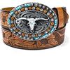 QishGO Longhorn - Cintura con fibbia a toro, stile vintage, stile western, da cowboy, con perline e fibbia grande, in pelle, per jeans