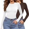 Aottori Maglia Basic Donna Confezione da 2 Manica Lunga Slim Fit Scollo Rotondo Top Tinta Unita Elasticizzata Sottogiacca Casual Elegante Autunno Inverno Bianco+Marrone L